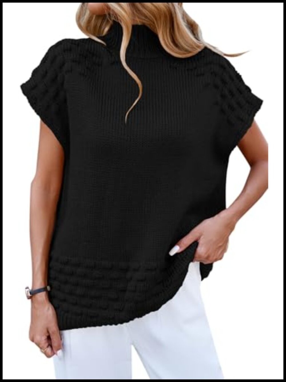 Oversized Sweater Vest Mock Neck Short Sleeve 100% Acrylic Bubble Knit Pullover